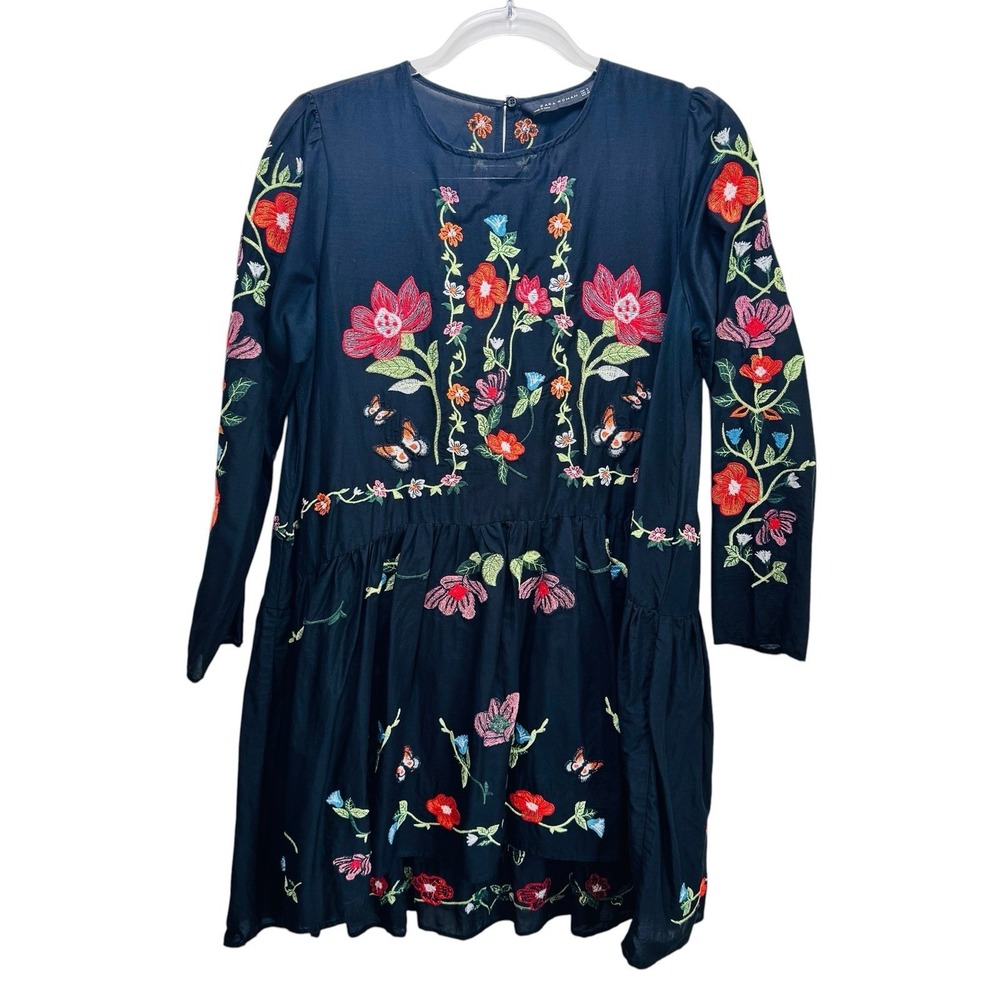 Zara Babydoll Boho Floral Butterfly Cotton Gauzy Embroidered Swing Dress M Black - Picture 2 of 11